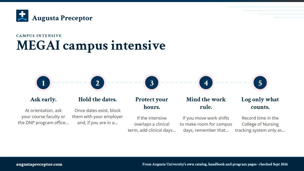 Numbered steps. Planning your clinicals around MEGAI: 1 Ask early.; 2 Hold the dates.; 3 Protect your hours.; 4 Mind the work rule.; 5 Log only what counts..
